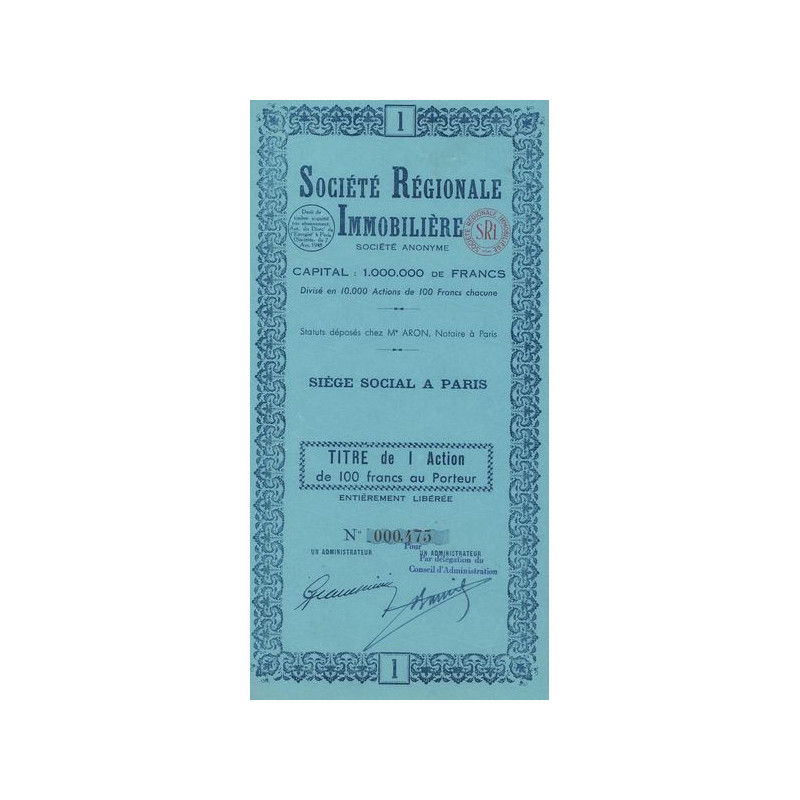 Sté Régionale Immobilière (Titre 01 Act 100 F)