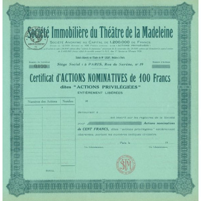 Sté Immobilière du Théâtre de la Madeleine (Blanquette)(Certif d'Act 100 F)