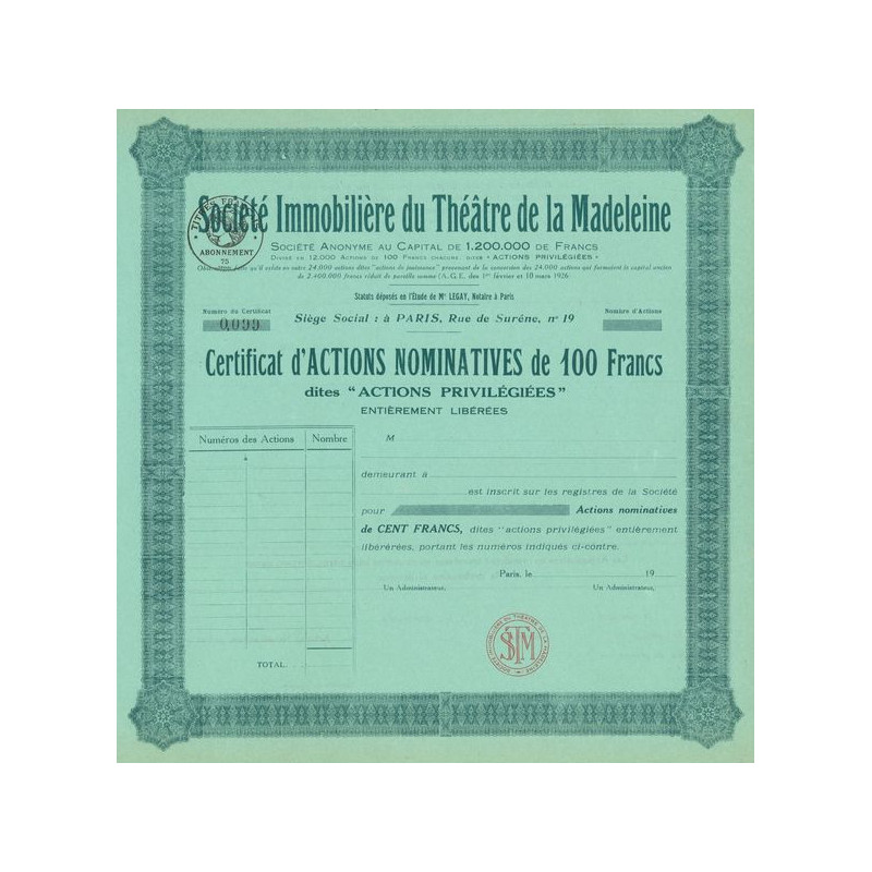 Sté Immobilière du Théâtre de la Madeleine (Blanquette)(Certif d'Act 100 F)