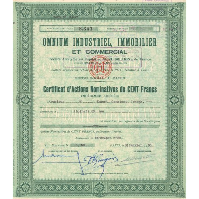 Omnium Industriel. Immobilier et Commercial (Certif Act Nomin 100 F)