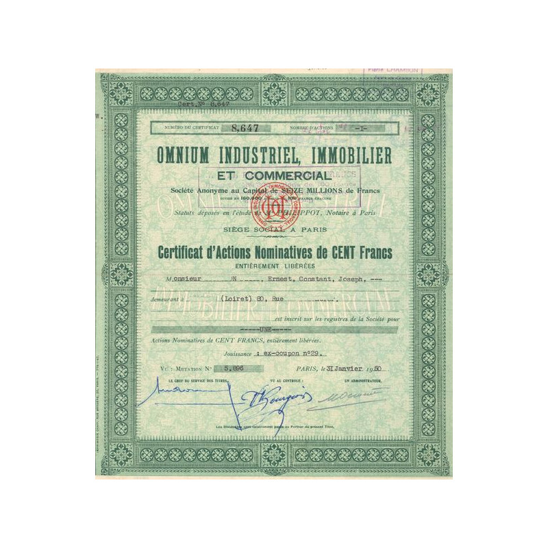 Omnium Industriel. Immobilier et Commercial (Certif Act Nomin 100 F)