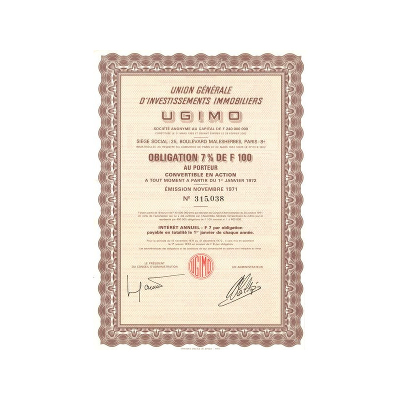Union Gale d'Investissements Immobilier UGIMO (Obl 7% 100 F)