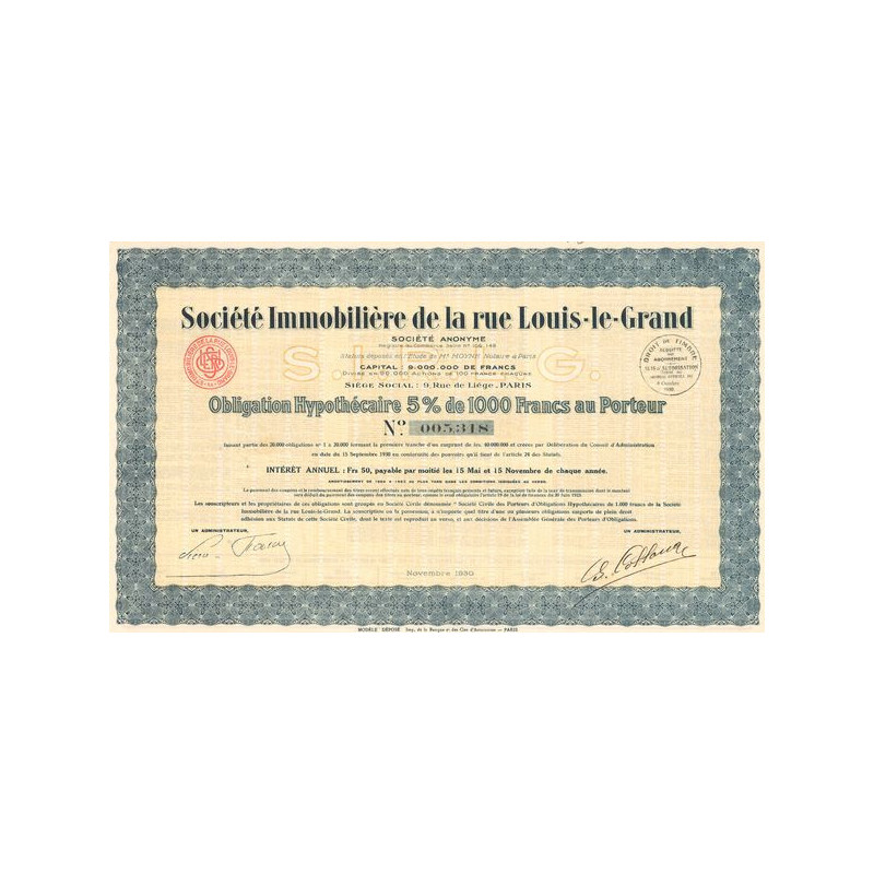 Sté Immobilière de la Rue Louis-le-Grand (Obl Hypot 1000 F 5%)