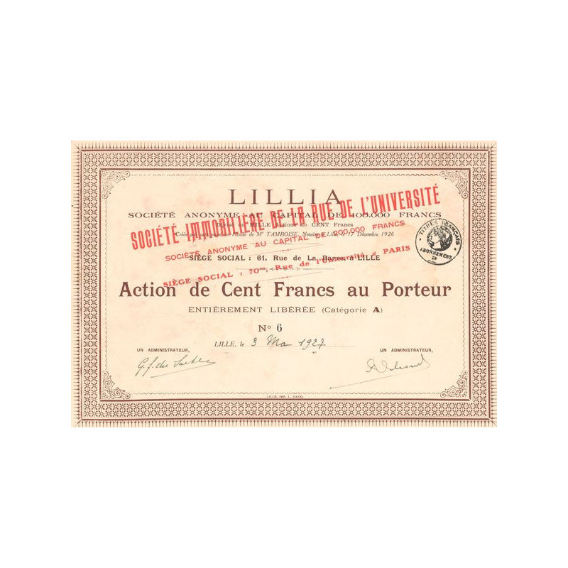 Sté Immobilière de la Rue de l'Université - Anciennement Lillia (Act 100 F)