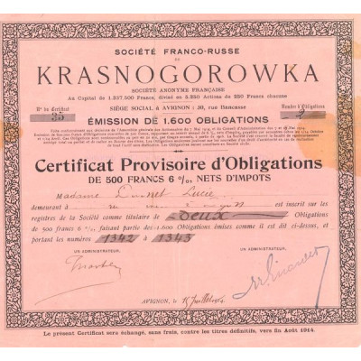 Sté Franco-Russe de Krasnogorowka (Certif d'Obl 500 F 6%)