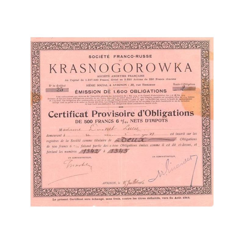 Sté Franco-Russe de Krasnogorowka (Certif d'Obl 500 F 6%)