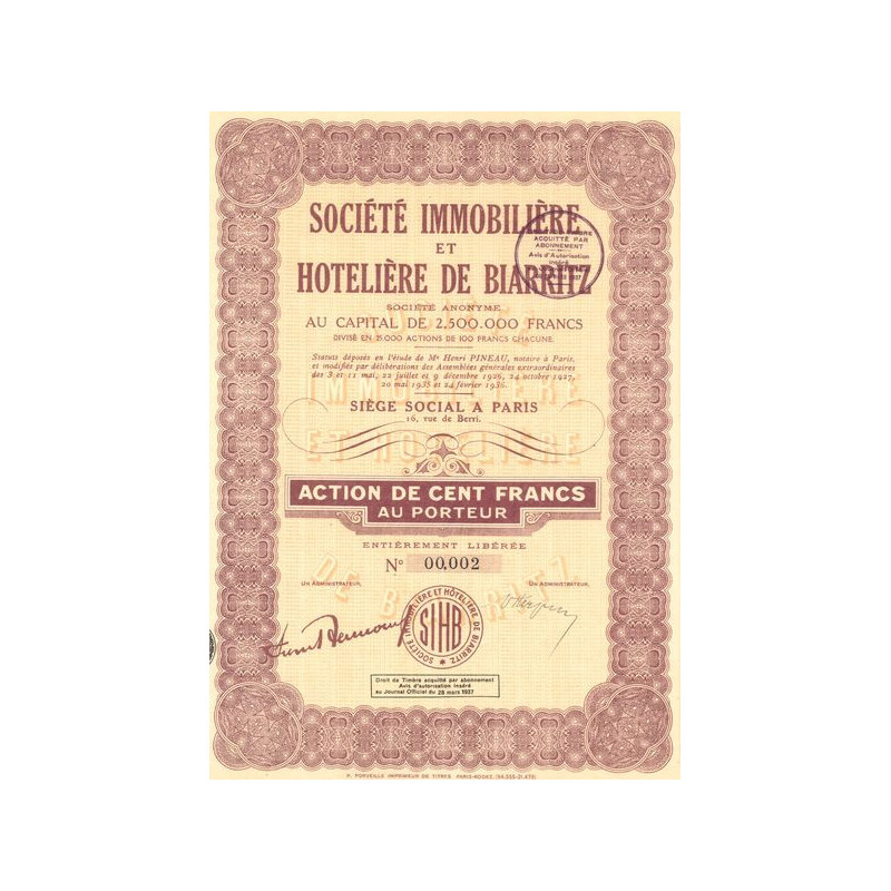 Sté Immobilière et Hôtelière de Biarritz (Act 100 F) (modele 2)