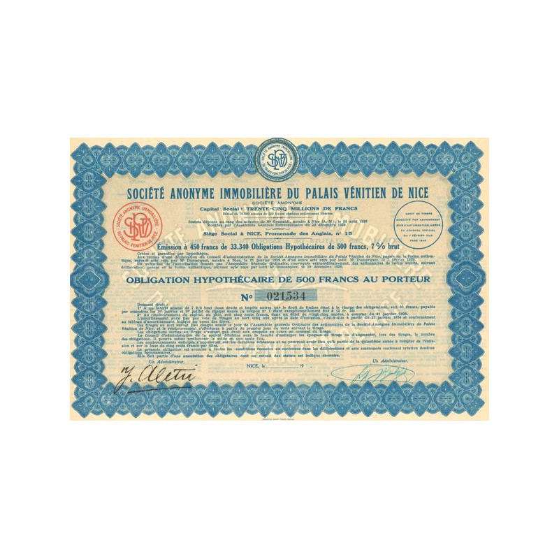 S.A. Immobilière du Palais Vénitien de Nice (Obl Hypothécaire 500 F)