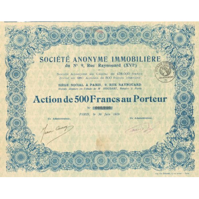 S.A. Immobilière du n°9 Rue Raynouard (XVIe) - (Act 500 F)