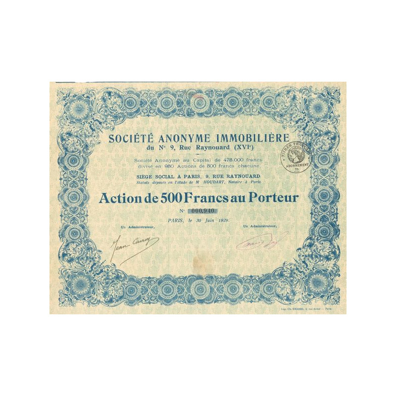 S.A. Immobilière du n°9 Rue Raynouard (XVIe) - (Act 500 F)