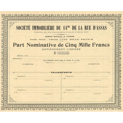 Sté Immobilière du 14bis de la Rue d'Assas (Blanquette) - (Part Nomin 5000 F)