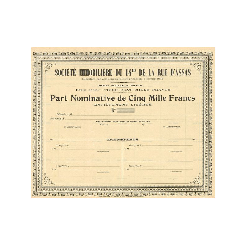 Sté Immobilière du 14bis de la Rue d'Assas (Blanquette) - (Part Nomin 5000 F)