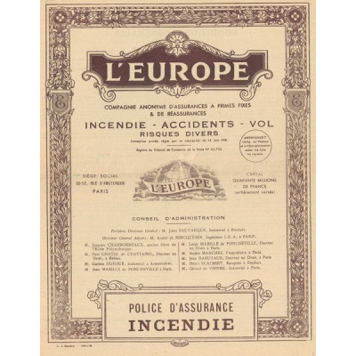 L'Europe Cie Anonyme d'Assurances à Primes Fixes & de Réassurances Incendie - Accidents - Vol - Risques divers (Act)