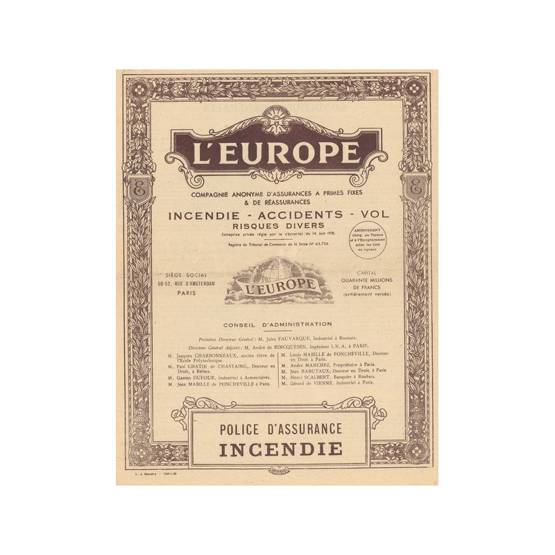 L'Europe Cie Anonyme d'Assurances à Primes Fixes & de Réassurances Incendie - Accidents - Vol - Risques divers (Act)