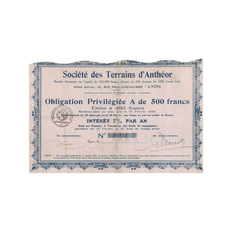 Sté des Terrains d'Anthéor (Obl Priv A 500 F)