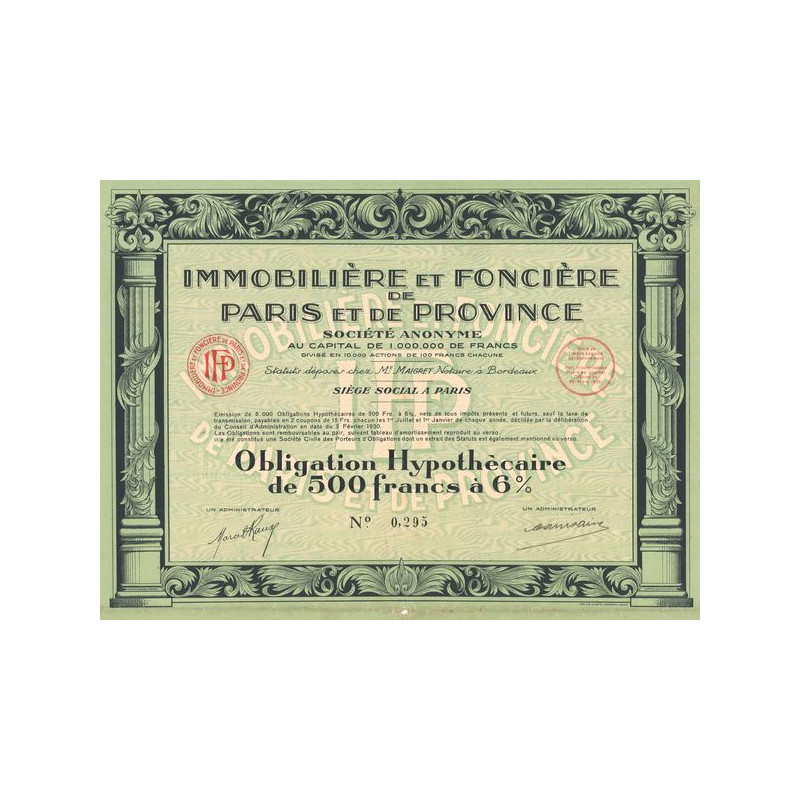 Immobilière et Foncière de Paris et de Province (Obl Hypot 500 F 6%)