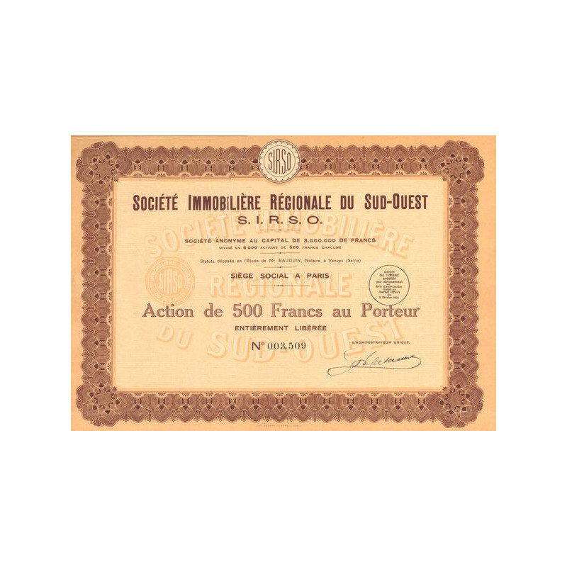 Sté Immobilière Régionale du Sud-Ouest S.I.R.S.O. (Act 500 F)