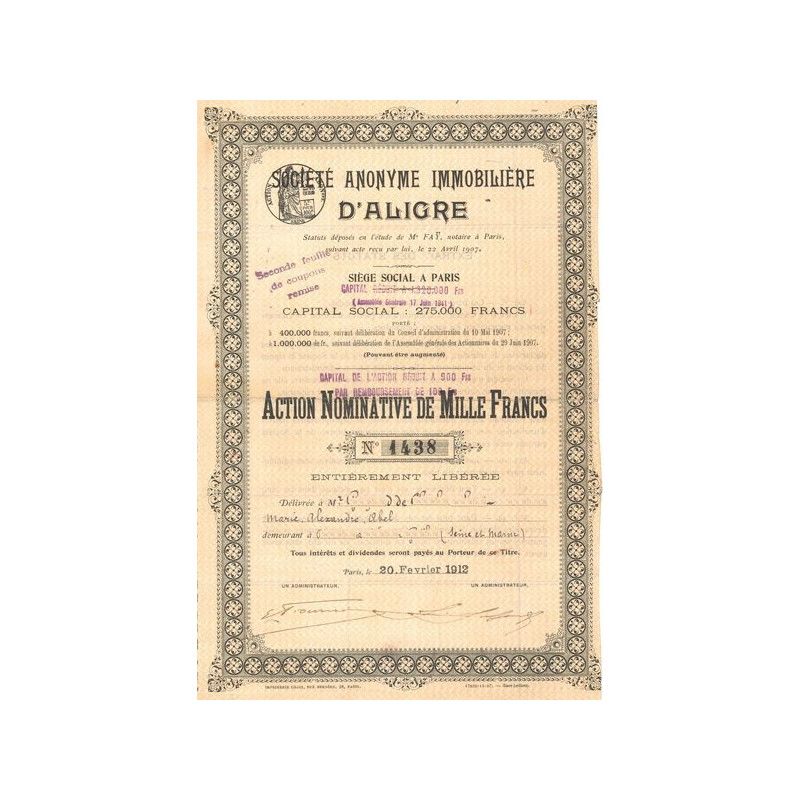 S.A. Immobilière d'Aligre (Act Nomin 1000 F)