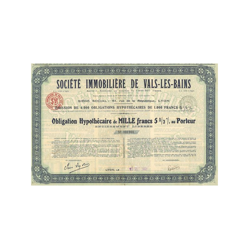 Sté Immobilière de Vals-les-Bains (Obl Hypothécaire 1000 F 5% 1/2)