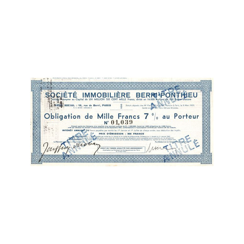 Sté Immobilière Berri-Ponthieu (Obl 1000 F 7%)