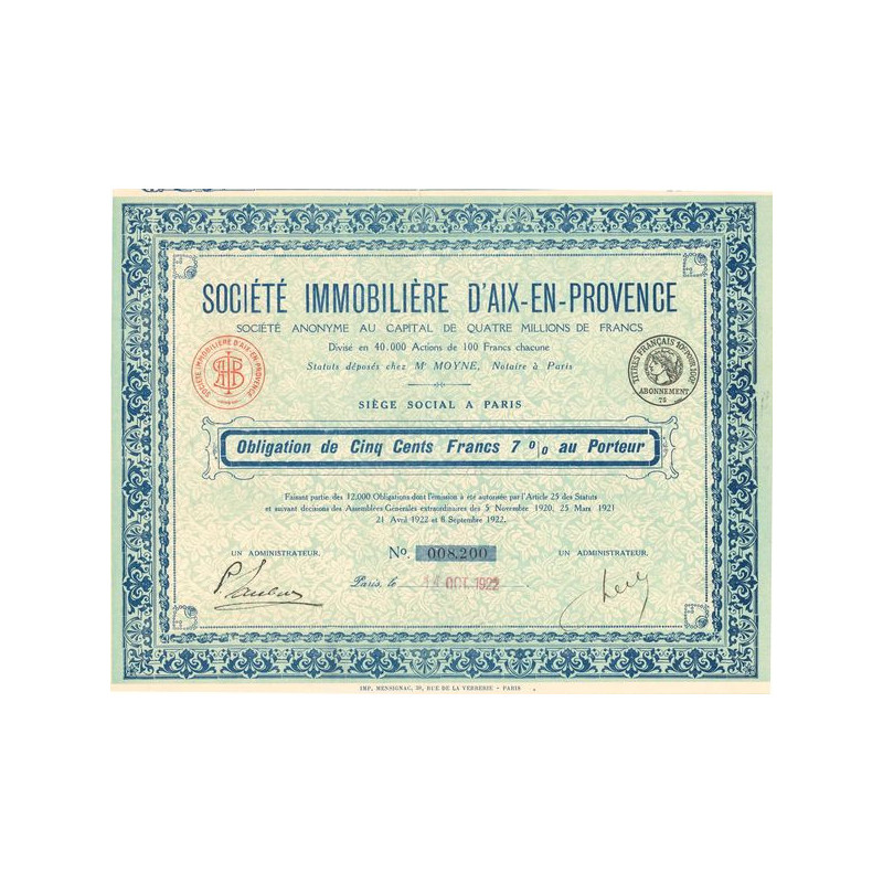 Sté Immobilière d'Aix-en-Provence (Obl 500 F 7%)