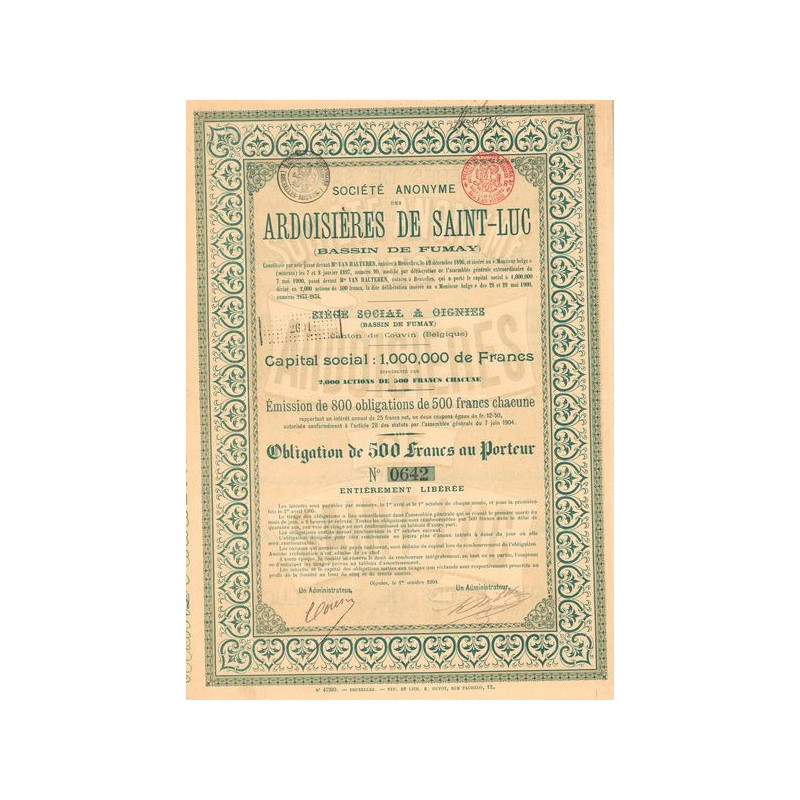 S.A. des Ardoisières de Saint-Luc (Bassin de Fumay)(Obl 500 F)