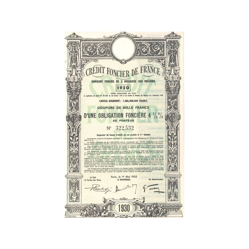 Crédit Foncier de France Emprunt Foncier 2 Milliards 200 Millions 1930 (Obl Foncière 4% 1/2 1000 F)