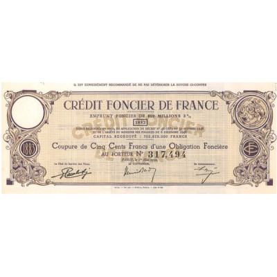 Crédit Foncier de France Emprunt Foncier de 900 Millions 3% 1883 (Obl Foncière 500 F)