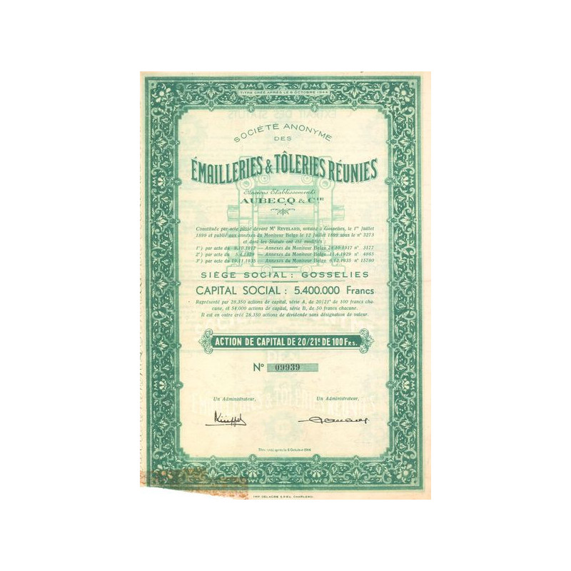Emailleries & Tôleries Réunies - Ancien Ets Aubecq & Cie (Act 100 F)