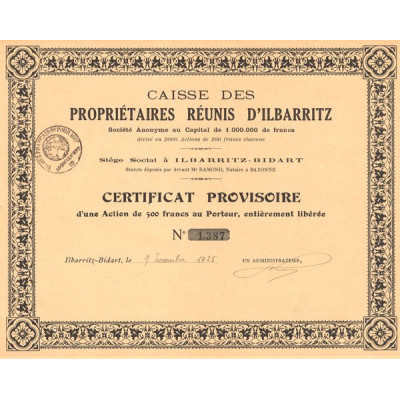 Caisse des Propriétaires Réunis d'Ilbarritz (Certif Act 500 F)