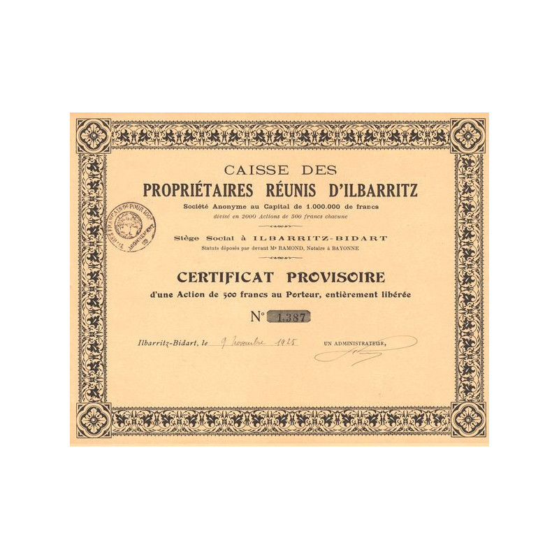 Caisse des Propriétaires Réunis d'Ilbarritz (Certif Act 500 F)