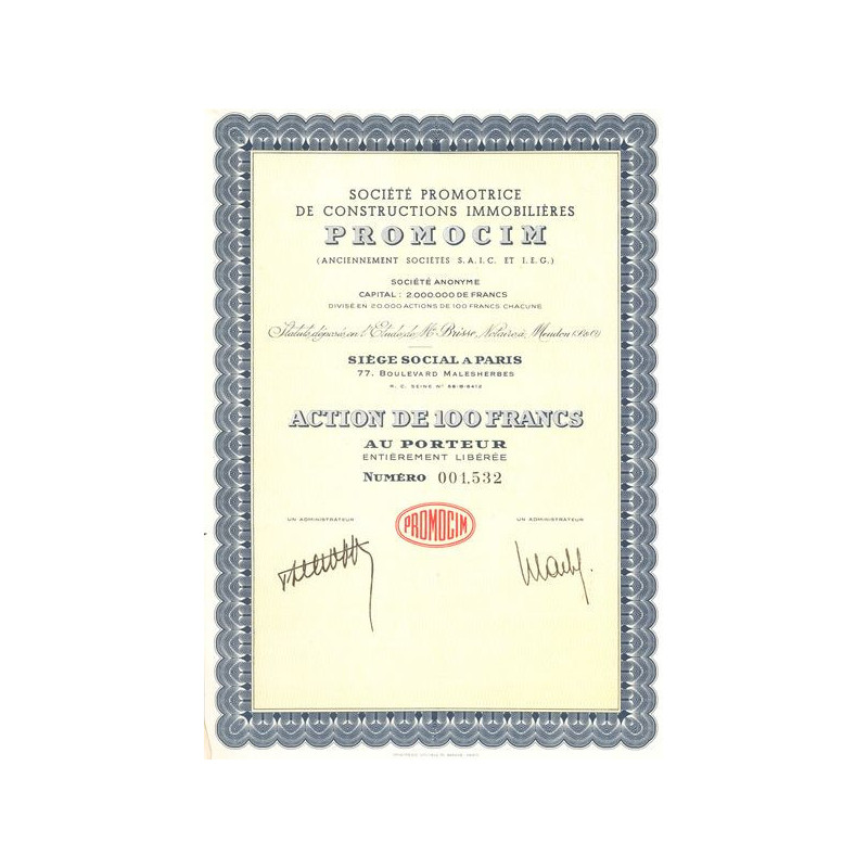 Sté Promotrice de Constructions Immobilières Promocim (Anciennement Sté S.A.I.C. et I.E.G.) - (Act 100 F)