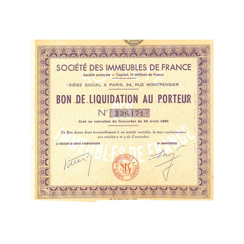 Sté des Immeubles de France 1895 (Jaune) (Bon de Liquidation)
