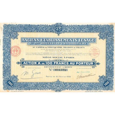 Anciens Etablissements Lesage S.A. Hotelière & Immobilière (Act A 100 F)