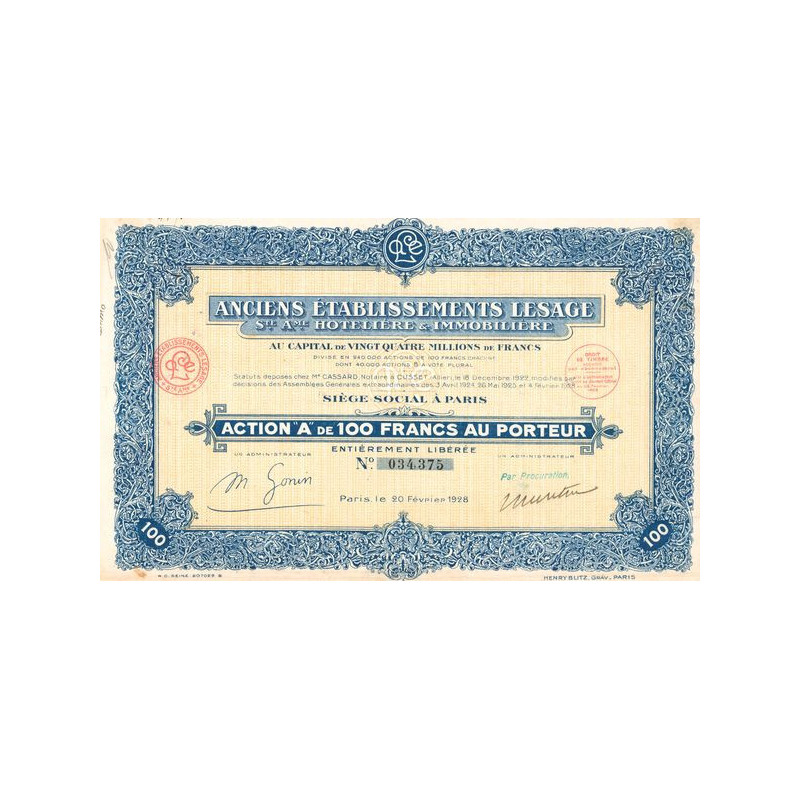 Anciens Etablissements Lesage S.A. Hotelière & Immobilière (Act A 100 F)