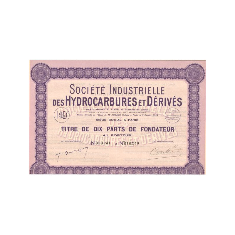 Sté Industrielle des Hydrocarbures et Dérivés (Titre 10 PF)