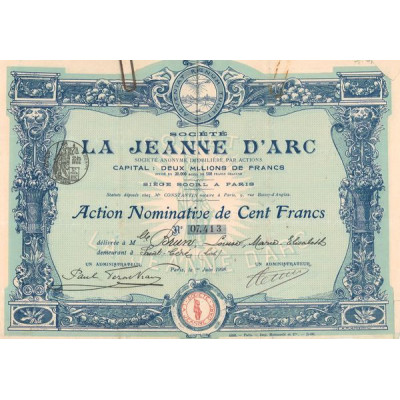 La Jeanne d'Arc S.A. Immobilière par Actions - 1908 (Bleu)(Act Nomin 100 F)