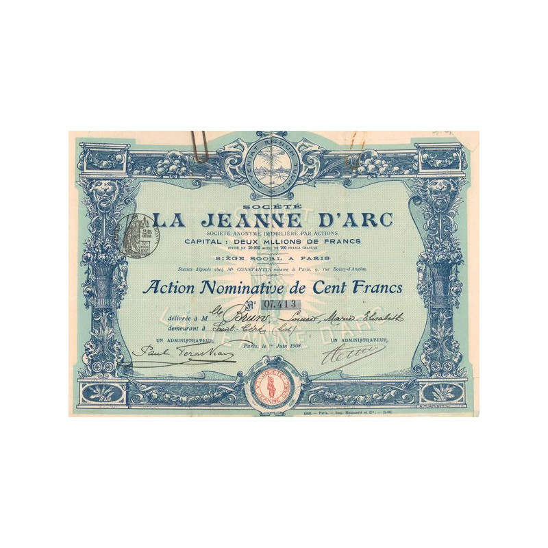 La Jeanne d'Arc S.A. Immobilière par Actions - 1908 (Bleu)(Act Nomin 100 F)