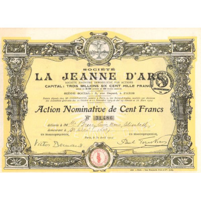 La Jeanne d'Arc S.A. Immobilière par Actions - 1924 (Jaune)(Act Nomin 100 F)
