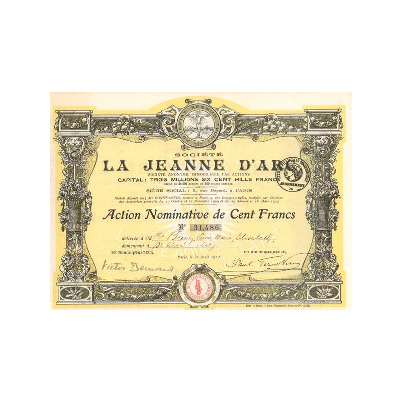 La Jeanne d'Arc S.A. Immobilière par Actions - 1924 (Jaune)(Act Nomin 100 F)