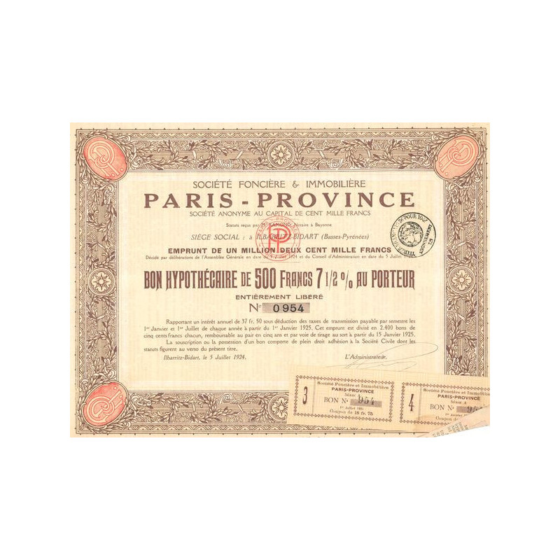Sté Foncière & Immobilière Paris-Province (Bon 500 F 7% 1/2)