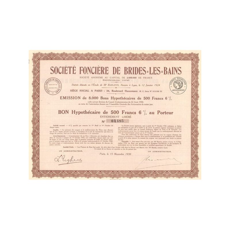 Sté Foncière de Brides-Les-Bains (Bon Hypothécaire 500 F 6%)