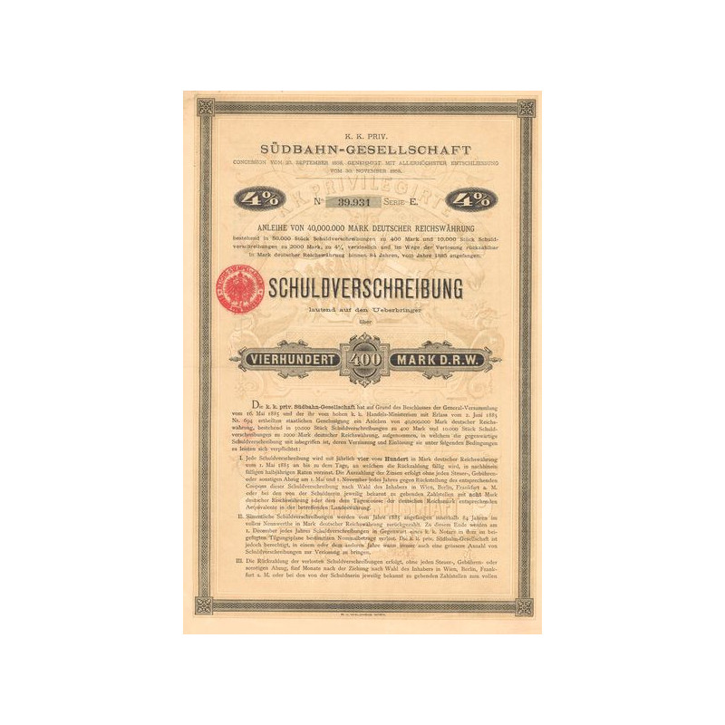 K.K. PRIV. Südbahn-Gesellschaft 4% (Act 400 Mark)