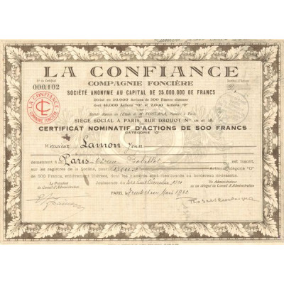 La Confiance - Cie Foncière (Certif Nomin d'Act 500 F)