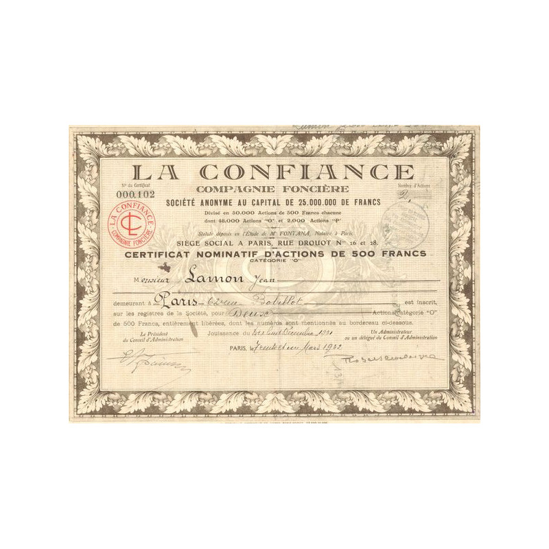 La Confiance - Cie Foncière (Certif Nomin d'Act 500 F)