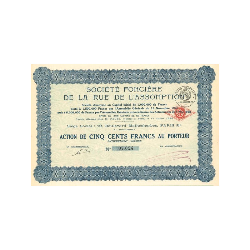 Sté Foncière de la Rue de l'Assomption (Act 500 F)