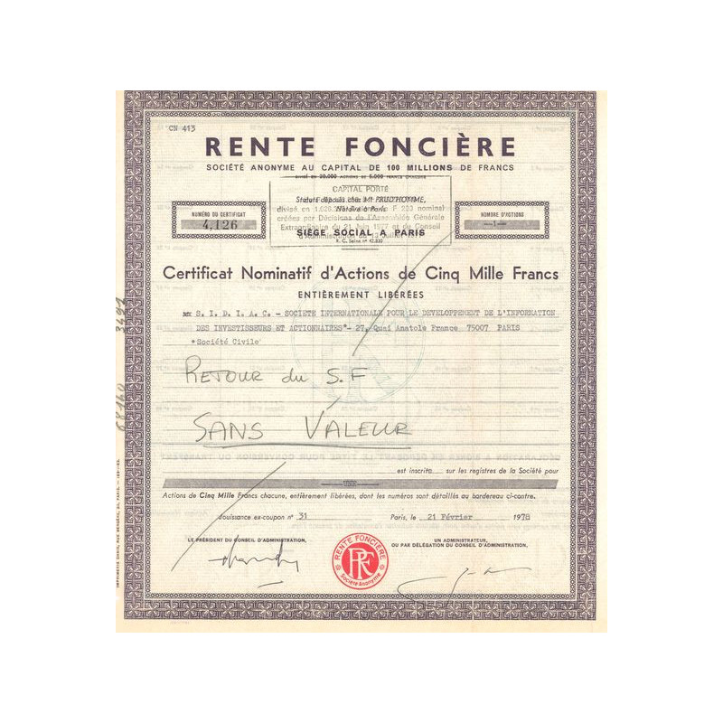 Rente Foncière (Certif Nomin d'Act 5000 F)