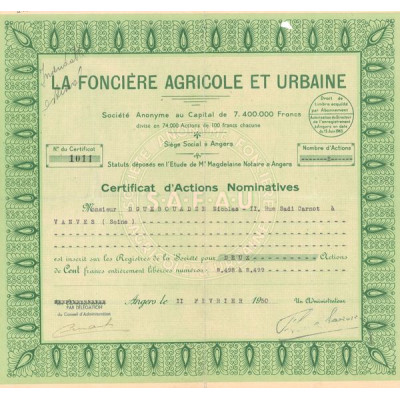 La Foncière Agricole et Urbaine (Certif d'Act Nomin 100 F)
