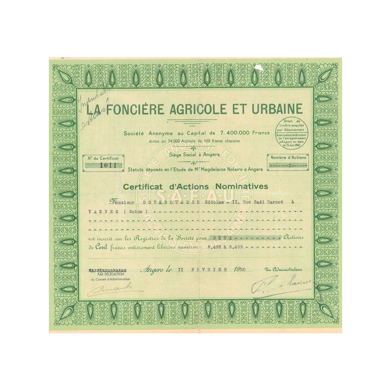 La Foncière Agricole et Urbaine (Certif d'Act Nomin 100 F)
