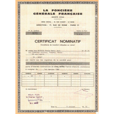 La Foncière Générale Française (Certif Nomin 5000 F)